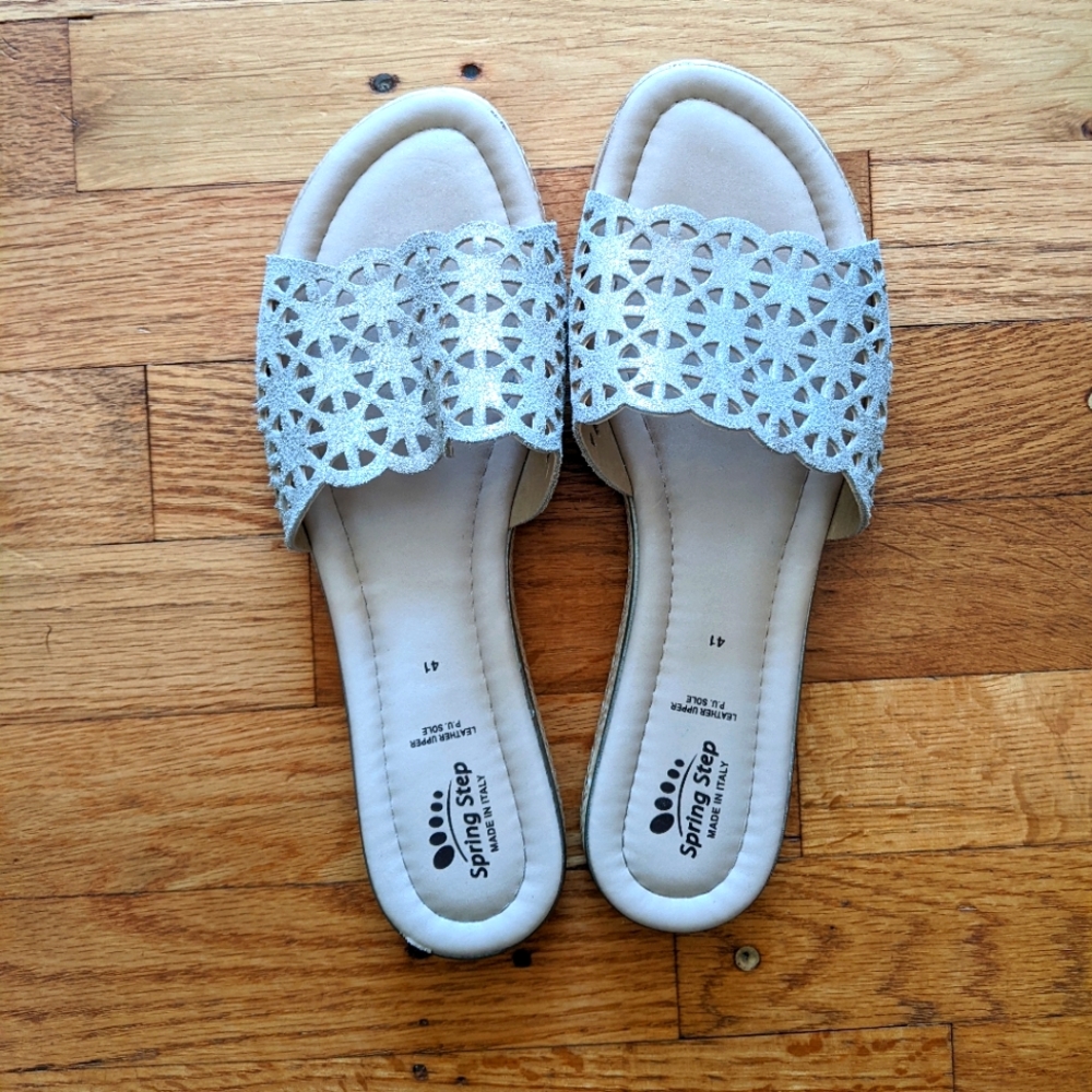 Spring Step Shimmery Gold Cut Out Slide Sandals